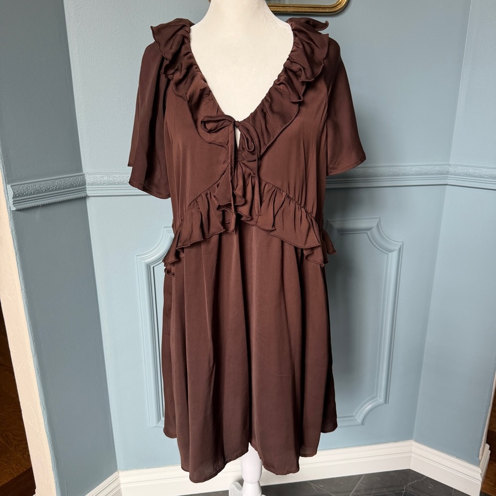 Brown satin ruffle empire waist mini dress